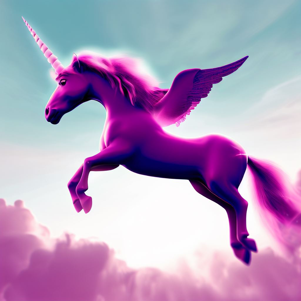 Create an image of a magenta unicorn flying through the sky