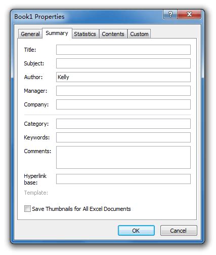 Image result for Document Properties Dialog Box Excel