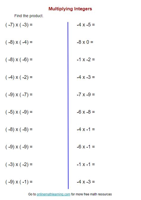 Image result for Multiplying Integers Worksheet