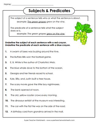 Image result for Complete Subject and Predicate Worksheets