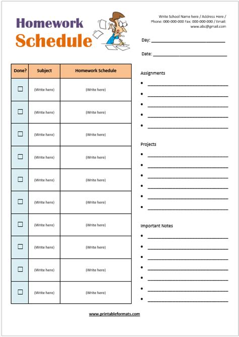 Image result for Weekly Homework Scheudel