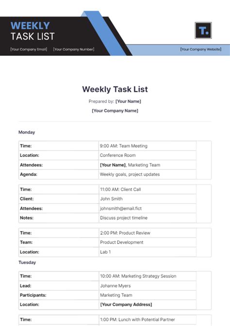 Free Weekly Task List Template to Edit Online