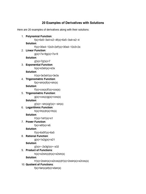 20 Examples of Derivatives With Solutions | PDF | Function (Mathematics ...