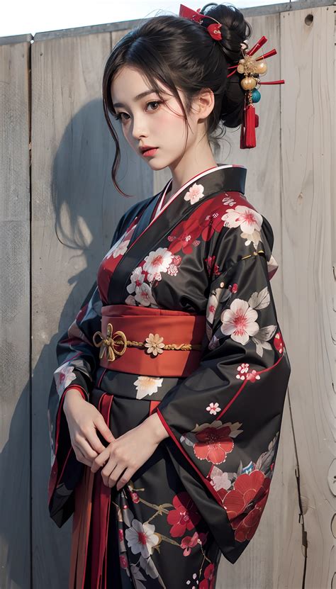The Arad woman in a kimono stands against the wall, intricate hakama ...