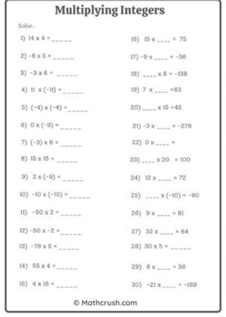 Image result for Multiplying Integers Worksheet
