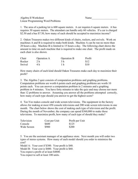 Afbeeldingsresultaten voor Linear Programming Word Problems Worksheet
