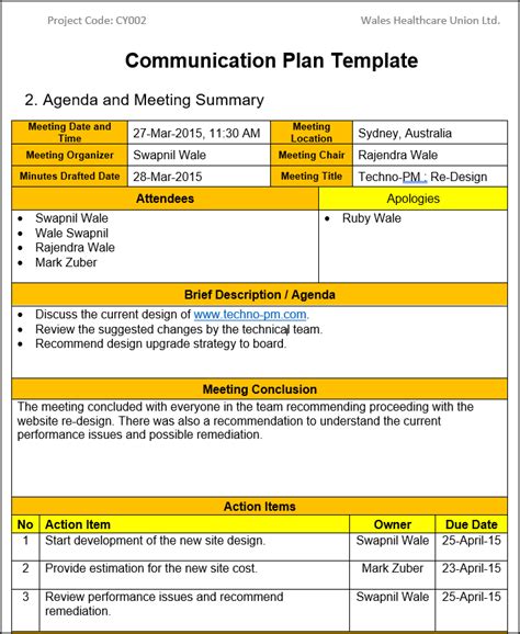 Communication Plan Template Free Download | Project Management Templates