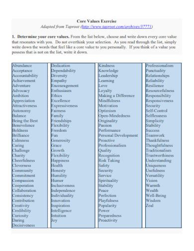 Image result for Core Values Clarification Exercise