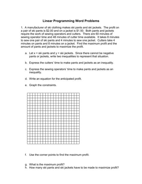 Afbeeldingsresultaten voor Linear Programming Word Problems Worksheet