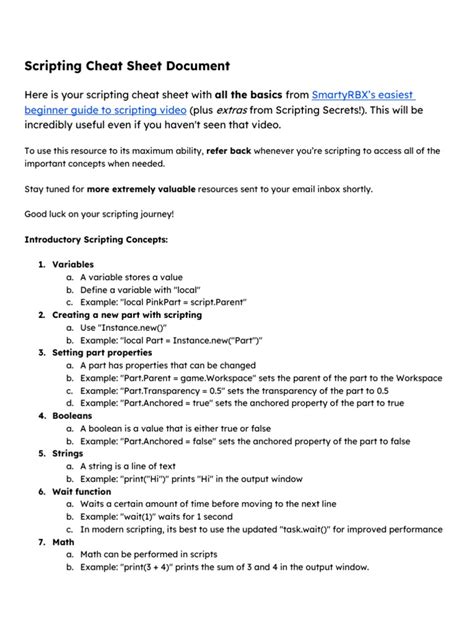 Image result for Roblox Studio Code Cheat Sheet