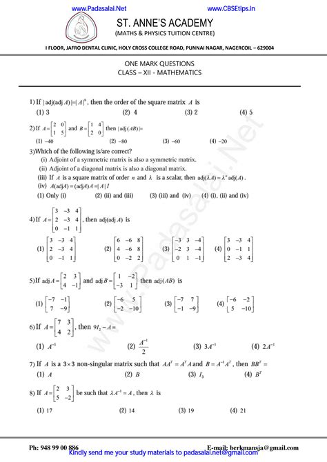 Class 12 Maths 1 Mark Questions CBSE PDF に対する画像結果