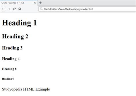 Creating headings in HTML web page - Studyopedia