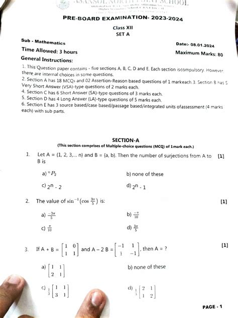 Class 12 Maths 1 Mark Questions CBSE PDF に対する画像結果