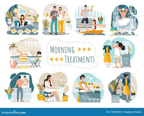 Daily Morning Routine of Man and Woman Cartoon Characters, Vector ...