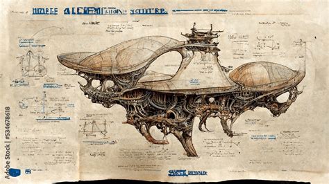 Alien space ship blueprint, sketch, diagram, outline with dimensions ...