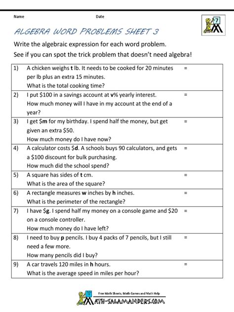Algebra Word Problems Worksheet PDF に対する画像結果