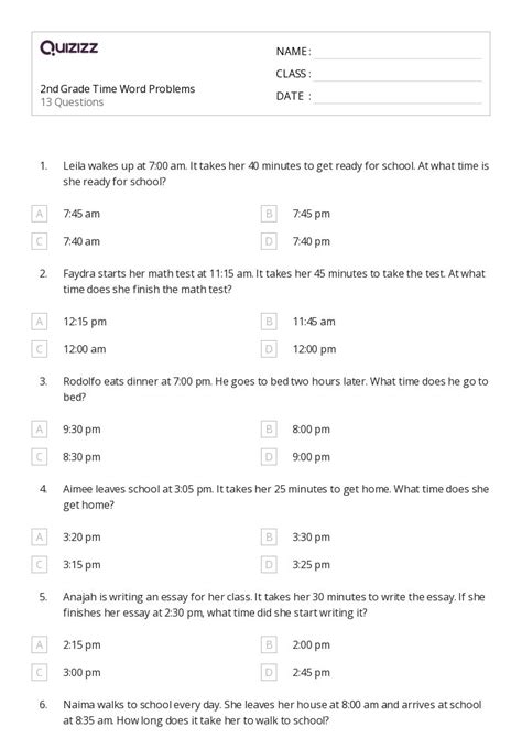 Time Worksheets for Grade 2 Word Problems に対する画像結果