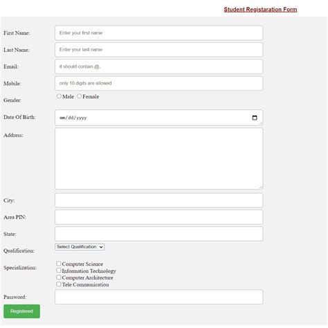 Afbeeldingsresultaten voor Registration Form Table HTML