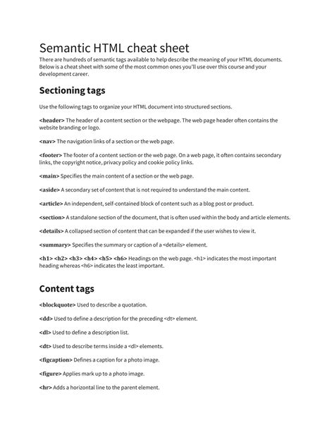 Afbeeldingsresultaten voor Semantic Elements HTML Cheat Sheet