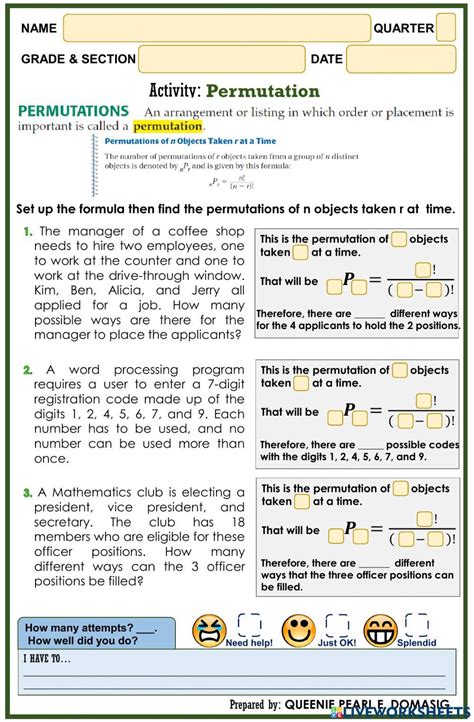 Permutation Word Problems Worksheet に対する画像結果
