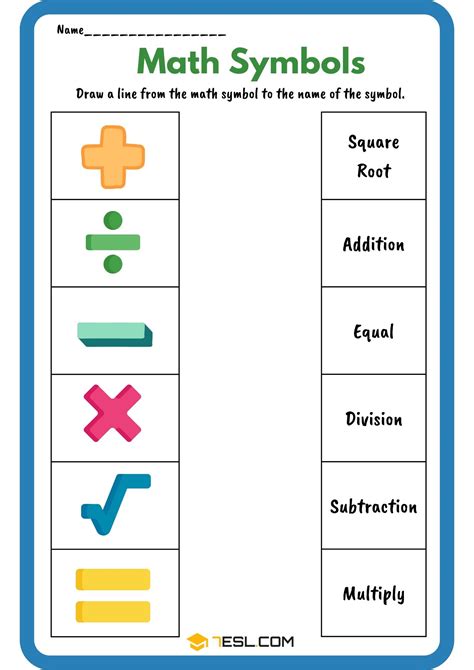 Math Symbols Worksheets for Kids • 7ESL
