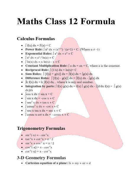 Image result for Class 12 Maths Chapter 6 Formula Sheet