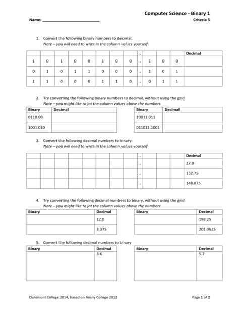 Afbeeldingsresultaten voor Binary to Decimal Number Worksheet