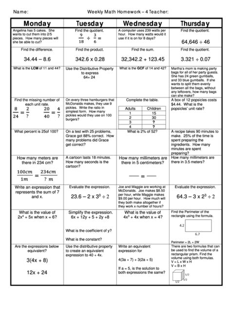 Toradh íomhá ar Weekly Homework Sheet Math