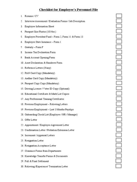 Afbeeldingsresultaten voor Personnel File Checklist Template