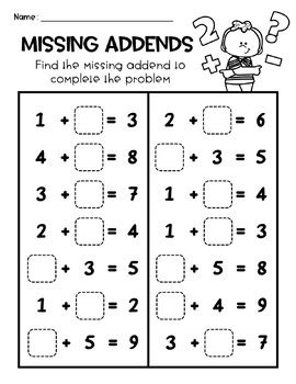 Afbeeldingsresultaten voor Missing Addend Worksheet First Grade