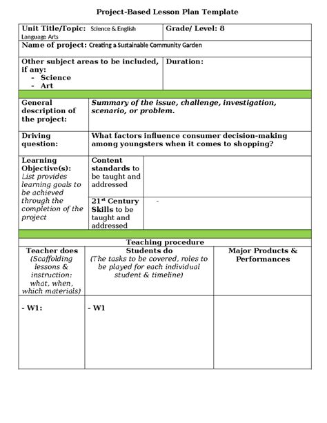 تصویر کا نتیجہ برائے Project-Based Lesson Plan Template