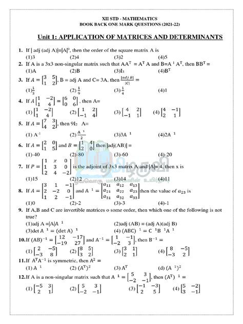 Class 12 Maths 1 Mark Questions CBSE PDF に対する画像結果