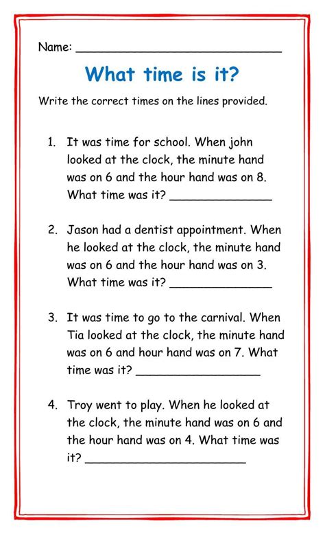 Time Worksheets for Grade 2 Word Problems に対する画像結果
