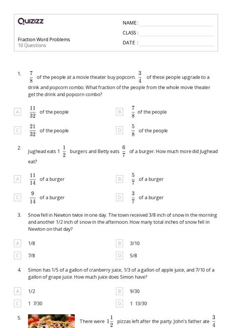 Toradh íomhá ar Fraction Word Problems Worksheets