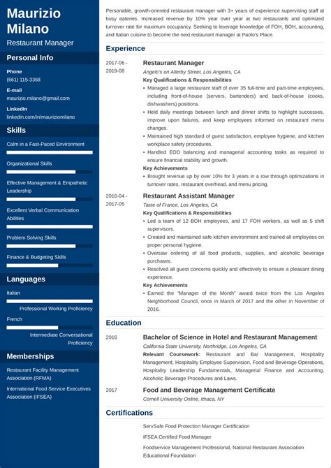Image result for Restaurant Manager Resume Examples