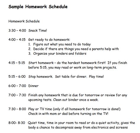Image result for Weekly Homework Scheudel