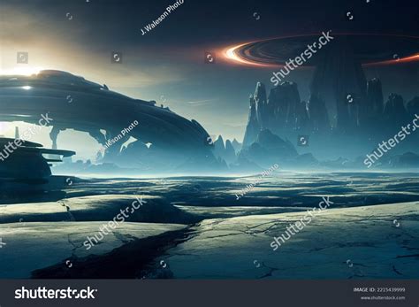 Toradh íomhá ar Alien Planet Surface Sci-Fi Art