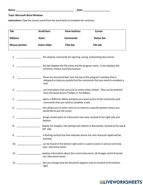 Basic Functions in Microsoft Word Worksheet に対する画像結果