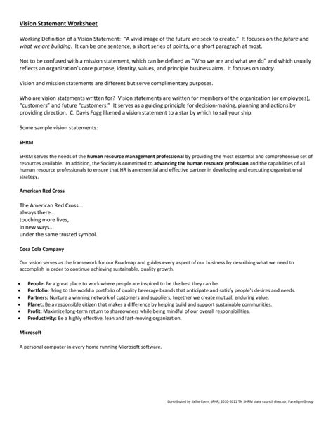 Image result for Vision Statement Worksheet