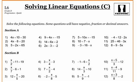Image result for Linear Equations Worksheet
