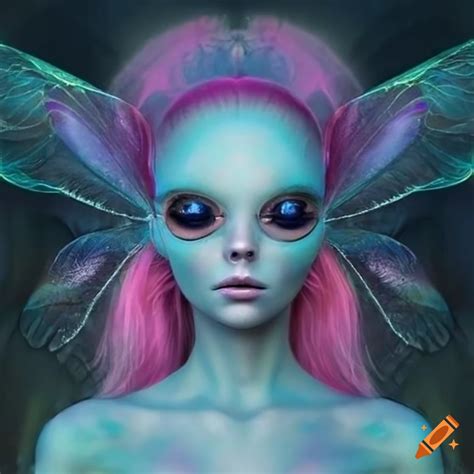 Enchanting fairy alien with iridescent wings, blue skin, and pink hair ...