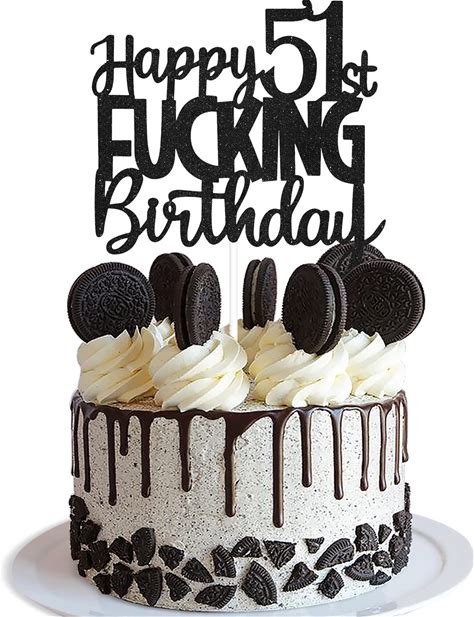 Happy 51st Fuxking Birthday Cake Topper - Funny Black Glitter 51 & Fabulous Party Supplies - Cheers To 51 Years Party Cake Decoration