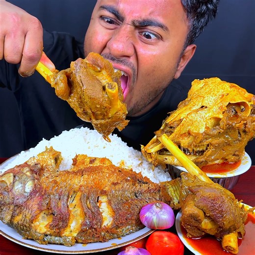 ASMR: Eating Whole Fish Fry, Spicy Mutton Leg, Goat Head Curry with Rice || Eating Show | EatsZone