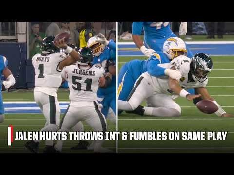 3 TURNOVERS IN SAME PLAY 🤯 Jalen Hurts throws interception & fumbles | NFL on ESPN