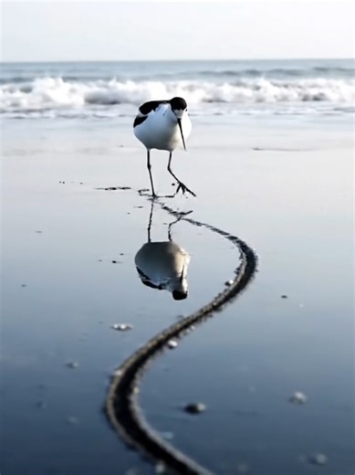 🪶🌊 The Shoreline Artist ✨🐚 On a quiet stretch of beach where the tide hums gently against the sand, a graceful seabird lands with soft, deliberate steps. The morning sun paints the shore in gold, and the smooth sand becomes its canvas. With calm precision, the bird lowers its beak and begins to trace lines across the surface — long, sweeping strokes that curve and intersect like symbols from an ancient language. Each movement leaves a clean mark in the damp sand. The waves roll in softly, sto