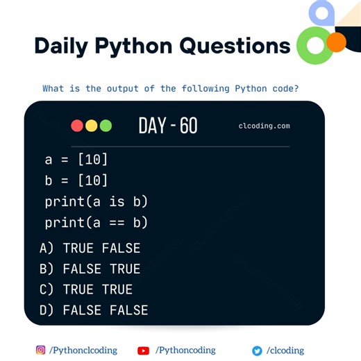 1.8K views · 15 reactions | Python Coding challenge - Day 60 | What is the output of the following Python code? #100DaysOfCode #pythonquiz #programming #100daysofcodechallenge #pythonprogram #300KStrong | Python Coding | Facebook