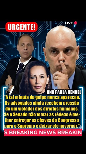 CADÊ A "MINUTA DO G0LPE"? HENKEL EXPÕE A F4RSA E A PRESSÃO! ⚖️ ​Ana Paula Henkel levanta um ponto crucial: o documento central da acusação, a famosa "minuta do g0lpe", simplesmente não apareceu. Segundo ela, a narrativa se sustenta no ar enquanto advogados sofrem uma pressão imensa do que ela chama de "violador dos Direitos Humanos". ​A comentarista alerta que, se o principal item da denúncia não existe e a defesa está sendo intimidada, o papel do Senado é intervir. . . . #URGENTE #Noticias #pol