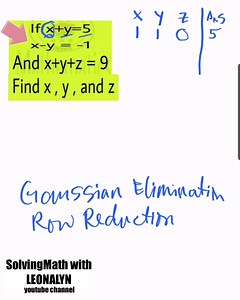 8.7K views · 1K reactions | Gaussian Elimination, Row Reduction, Algebraic Equation using elimination method If x + y = 5 x – y = –1 and x + y + z = 9 Find x, y, and z | Free Reviewers with Leonalyn | Facebook