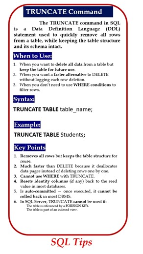 TRUNCATE Command in SQL | Delete All Rows Fast! #sqlforbeginners #shorts #databaseconcepts #shorts