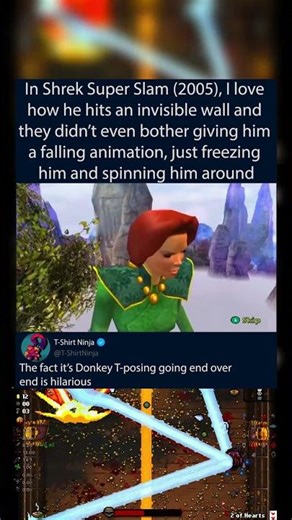 In Shrek Super Slam (2005), I love how he hits an invisible wall and